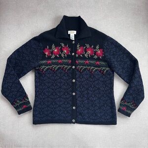 Talbots Wool and Silk Embroidered Poinsettia Cardigan. Navy/Black/Red. Large.